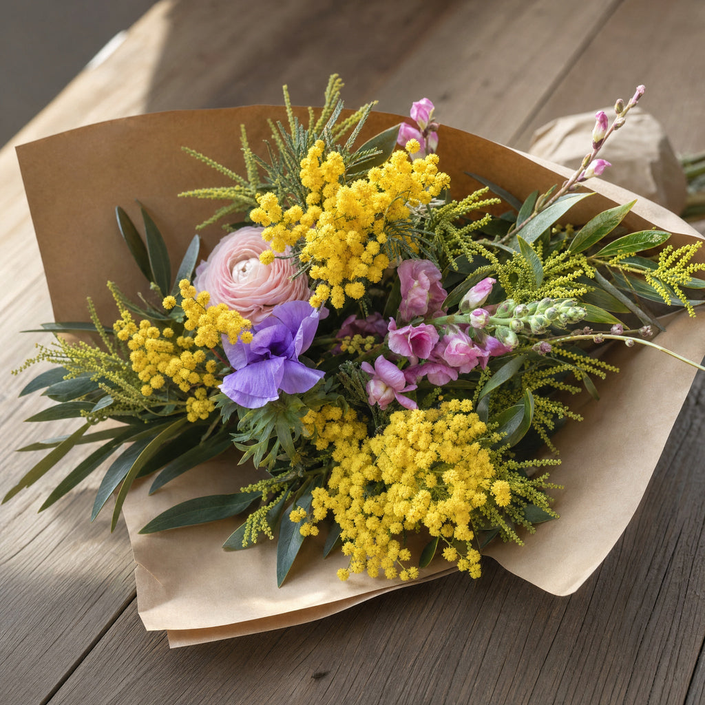 Bouquet fleurs fraîches Bordeaux — emballage kraft prêt à offrir — fleurs Bordeaux | ÂME Fleuriste Bordeaux