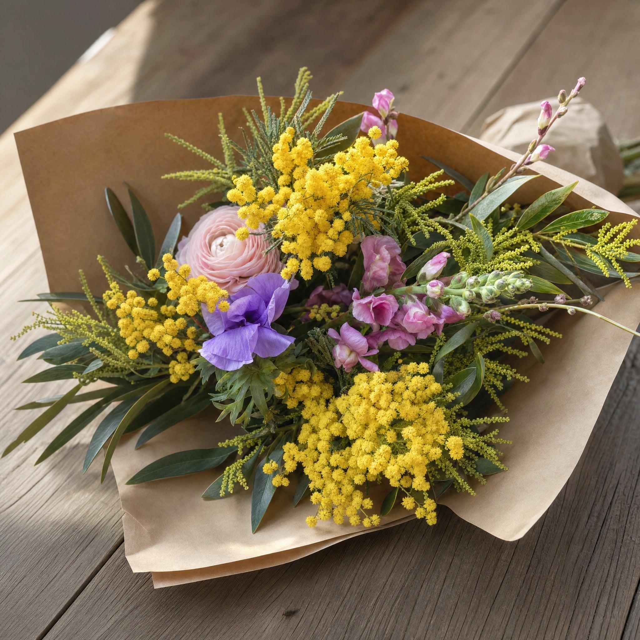 Bouquet fleurs fraîches Bordeaux — emballage kraft prêt à offrir — fleurs Bordeaux | ÂME Fleuriste Bordeaux