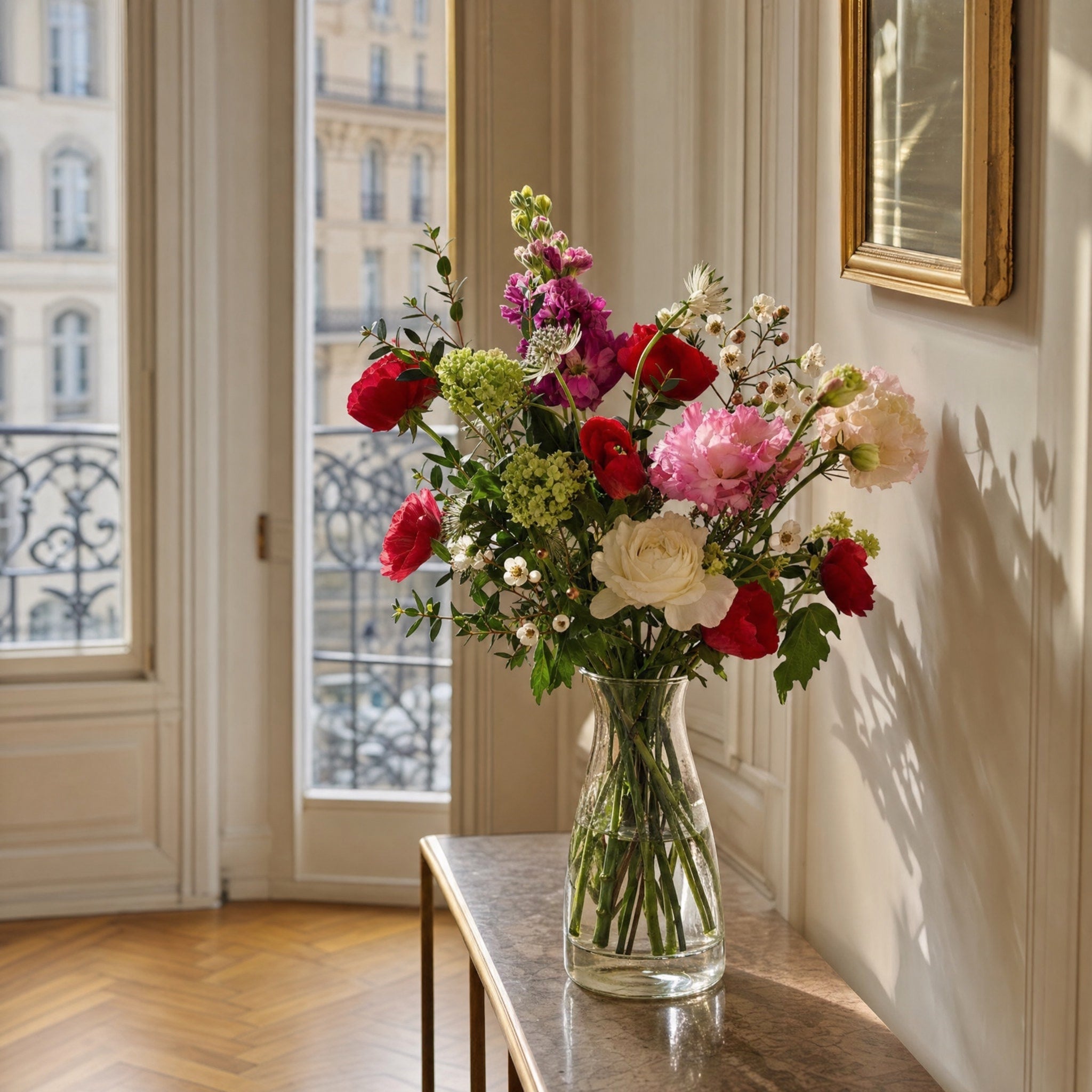 Bouquet fleurs fraîches Bordeaux — composition saisonnière près d'une fenêtre haussmannienne — fleurs Bordeaux | ÂME Fleuriste Bordeaux