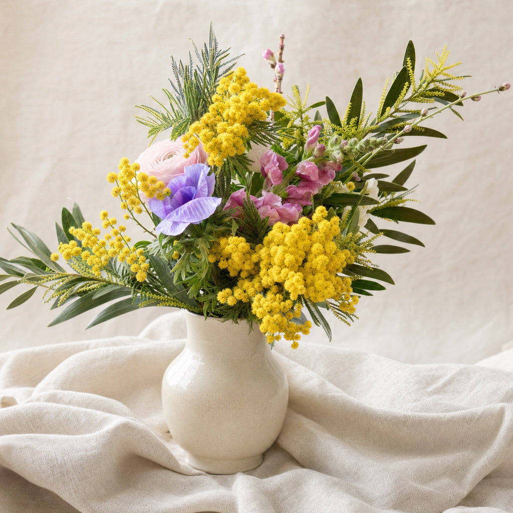 Bouquet fleurs fraîches Bordeaux — mimosa et anémone en vase céramique — fleurs Bordeaux | ÂME Fleuriste Bordeaux
