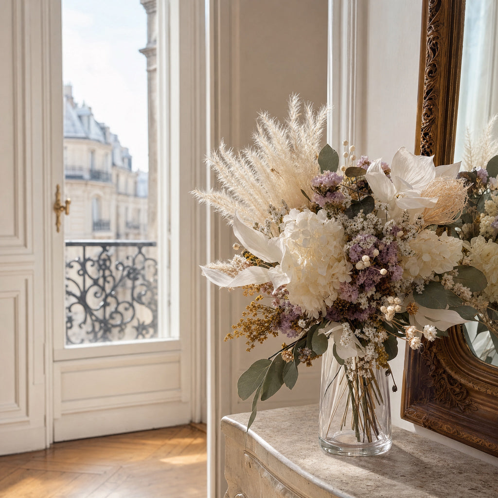 Bouquet fleurs séchées Bordeaux — composition pampas pastel près d'une fenêtre haussmannienne — fleurs Bordeaux | ÂME Fleuriste Bordeaux