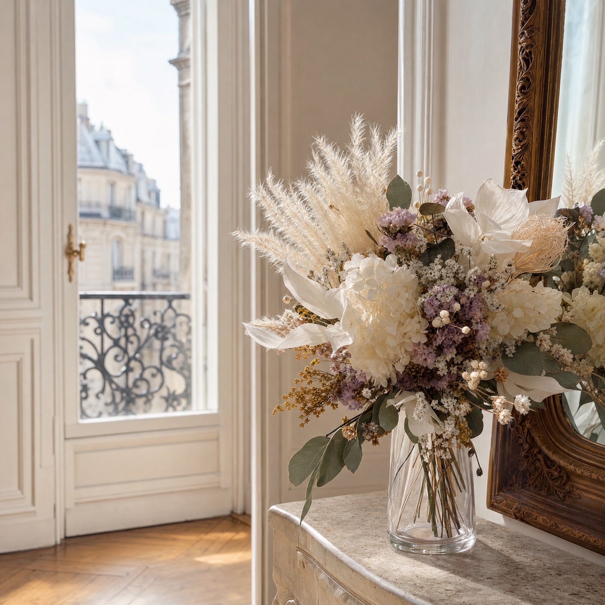 Bouquet fleurs séchées Bordeaux — composition pampas pastel près d'une fenêtre haussmannienne — fleurs Bordeaux | ÂME Fleuriste Bordeaux
