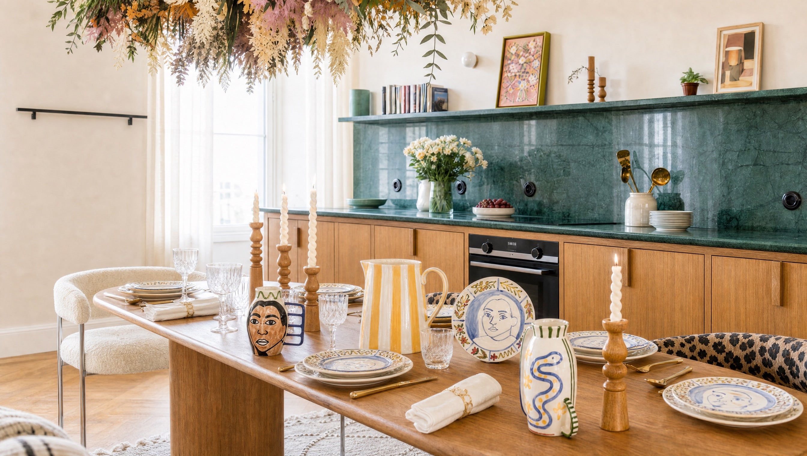 Magasin de décoration ÂME à Bordeaux : salle à manger dressée avec assiettes Serax, pichet rayé, bougeoirs en bois tournés et suspension florale de fleurs séchées en plafond